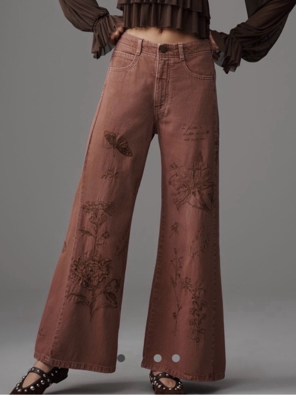 Pilcro Floral-Embroidered Wide-Leg Jeans in Rust - Picture 1 of 4
